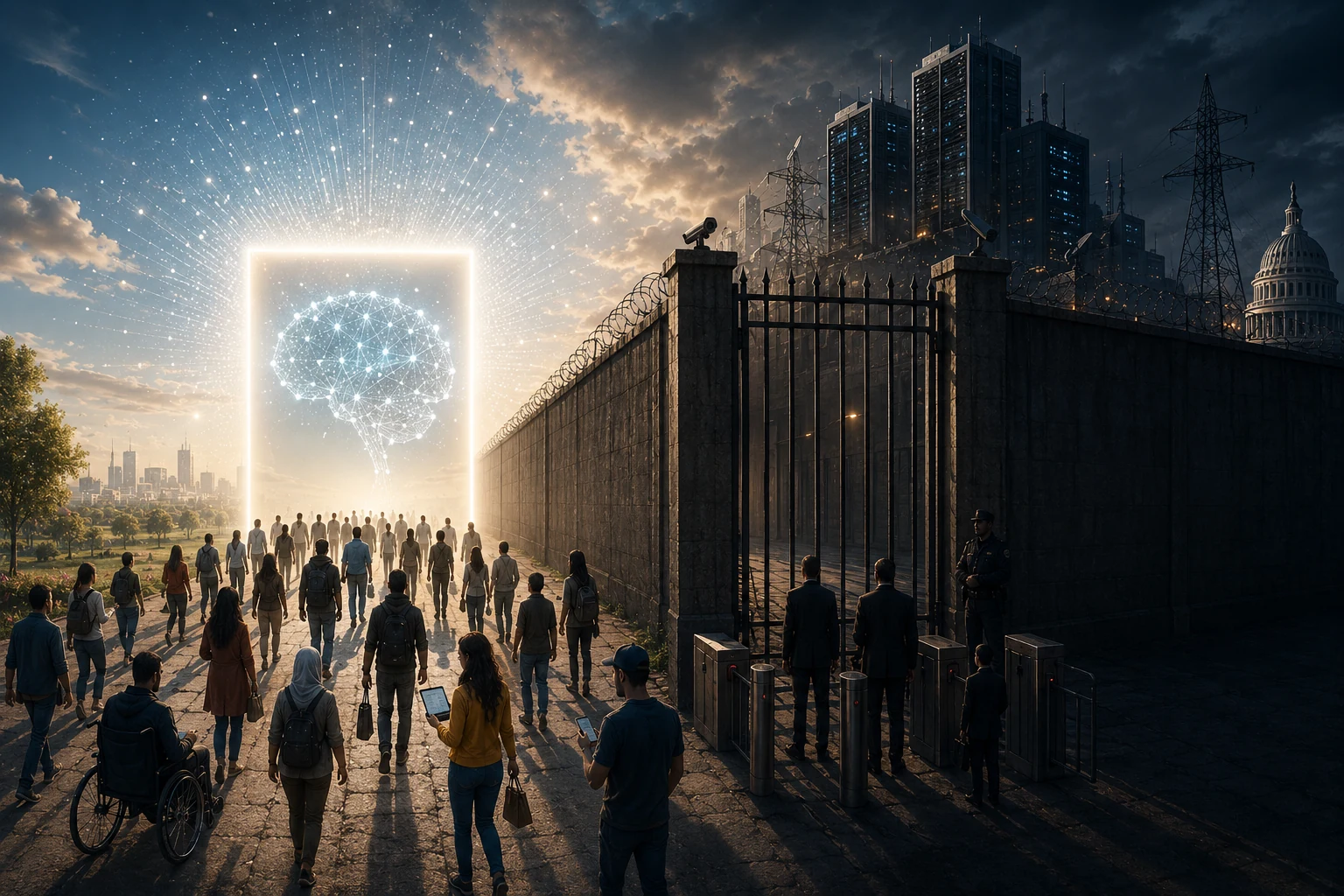 A crowd approaches an open gateway representing widely available artificial intelligence, beside a fortified complex representing concentrated infrastructure, energy and institutional power.